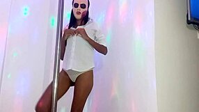 Skinny brunette student's Halloween pole dance turns naughty