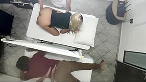 Masseur fucks girlfriend's big ass next to husband