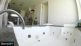 Boss catches new nanny Amia Miley masturbating her wet pussy, then bends her over for monster cock.