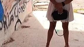 real couple fucking outdoors in the mountains, her big tits bouncing in lingerie