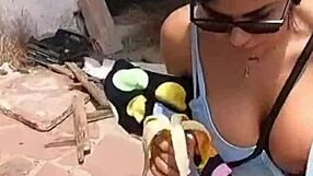 real couple fucking outdoors in the mountains, her big tits bouncing in lingerie