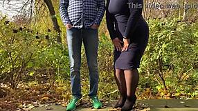 Curvy mother-in-law slips into stockings for outdoor fun