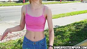 Damn, cute blonde teen jumps on the bus for wild fun and quick cash!