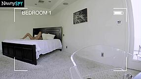 Boss catches new nanny Amia Miley masturbating her wet pussy, then bends her over for monster cock.