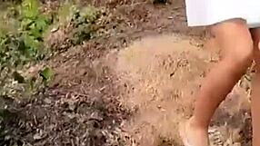 real couple fucking outdoors in the mountains, her big tits bouncing in lingerie