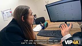 Beautiful brunette office worker gets angry while fucking her boss’s colleagues