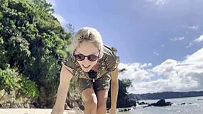 Pretty Asian Girl Cleans Natural Beach at Pacific Ocean