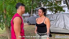 Busty MILF Silvana Lee WATCHES a fitness guy in the PARK and FUCKS him