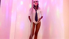 Skinny brunette student's Halloween pole dance turns naughty