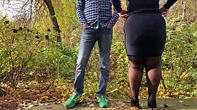 Curvy mother-in-law slips into stockings for outdoor fun