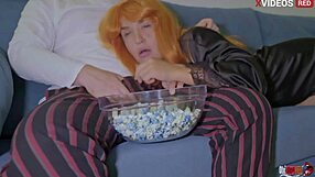 My dick hardens watching movie with stepmom, she sucks it, then we fuck. Can't resist her wet pussy.