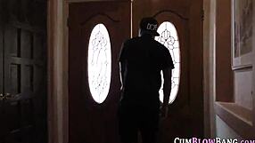 busty babe gags on black dongs in blowbang with handjob and deepthroat