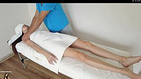 Pervert Masseur Rubs Skinny Brunette Hard While Husband Waits Outside