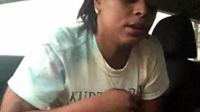 watch this ebony babe give a sloppy blowjob in the car, deepthroating and gagging