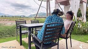 Gardener bends over beautiful lady in outdoor creampie