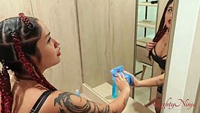 Pretty Hispanic maid cleans the house naked and gives a deep blow job
