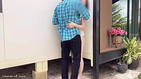 Gardener bends over beautiful lady in outdoor creampie