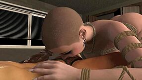 Big breast bald BDSM slave sucks small cuck's cock? She pisses from behind in bondage!