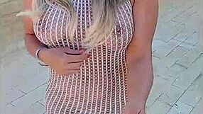 Young blonde’s transparent dress makes her almost naked outdoors