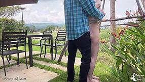 Gardener bends over beautiful lady in outdoor creampie