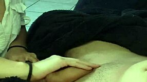 Brunette couple enjoys sloppy blowjob on monster cock