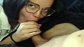 Brunette couple enjoys sloppy blowjob on monster cock