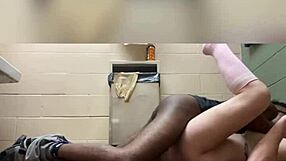 Pretty slut with blue eyes gets humiliated by big black cock in public bathroom.