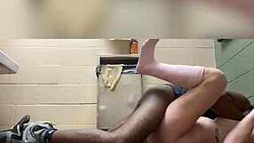 Pretty slut with blue eyes gets humiliated by big black cock in public bathroom.