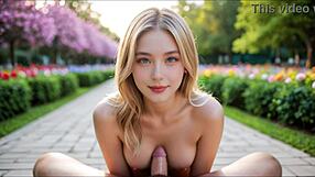 gorgeous blonde gives pov blowjob and titjob in the park. she ends with creampie.