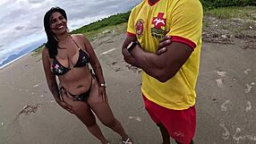 nicoly seduces firefighter on beach then rides his dick in the bush?