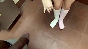 Pretty slut with blue eyes gets humiliated by big black cock in public bathroom.