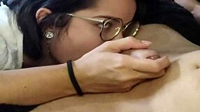 Brunette couple enjoys sloppy blowjob on monster cock