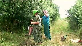 mature brunette bent over for doggystyle blowjob at picnic