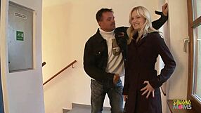 Enchanting blonde sucks cock and gets cumshots on tits in stairwell 😍