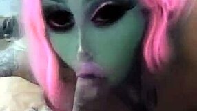 Slutty alien enjoys deepthroat sucking and licking dick.
