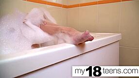 cute teen 18+ babe masturbates in bath with close up pussy orgasm