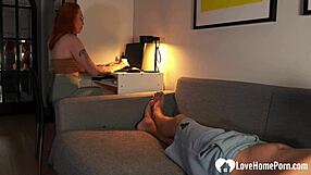 An amateur redhead gives a blowjob to her therapist after a session