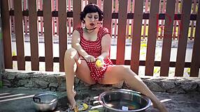 Retro housewife undresses and exposes her naked body