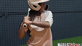 Hey, that busty brunette slut rides and sucks dick after batting cages