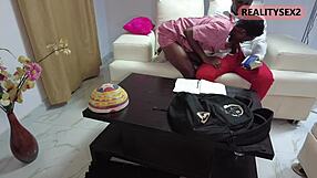 school girl bangs classmate on couch while studying alone in close-up