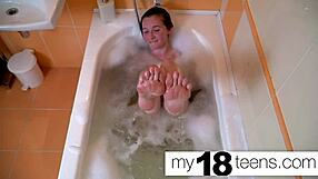 cute teen 18+ babe masturbates in bath with close up pussy orgasm