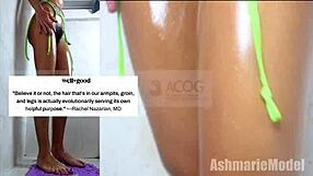 Young Brunette Oils Her Hairy Pussy, Wondering Why Not Shave