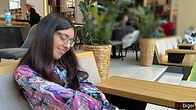 nerdy girl with glasses is a nympho loving sperm on face in public