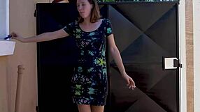 A skinny brunette has some fun while smoking outdoors and flirting with her neighbors