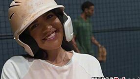 Hey, that busty brunette slut rides and sucks dick after batting cages