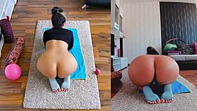 Intense naked yoga session, milf spreading ass, what happens?