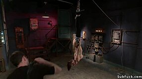 Bent over busty babe ass caned in bondage