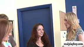 Pretty babes excitedly flash their tits and nice asses for cash in the garage