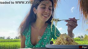 Hey, cumwalk in public cafe with sperm on face eating pasta