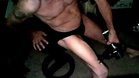 wow, percussion massager on thigh in underwear on stool!